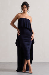 Navy Ruched Bandeau Midi Dress With Cape